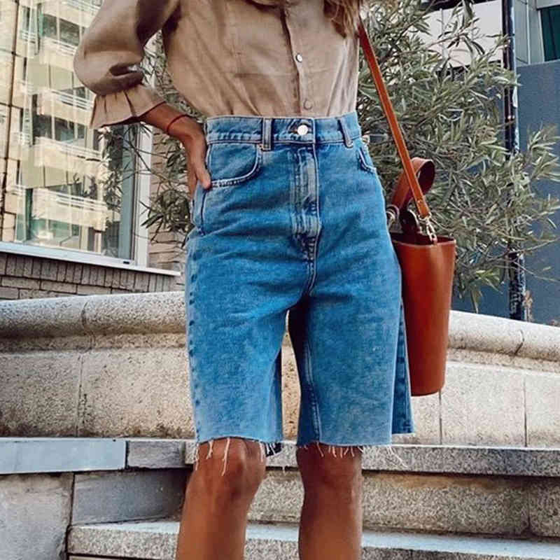 Lucyever Womens Casual Five Points Short Pants Summer Loose Straight Tassel Denim Shorts Woman Blue High Waist Shorts Jeans 210521