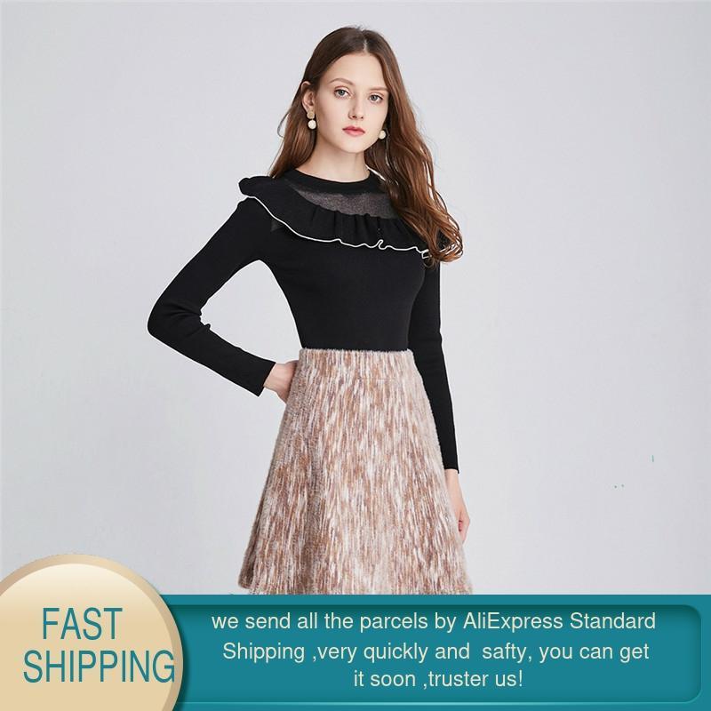 Winter Women Sweater Korean Knitted Warm Tunic Long Sleeve Black Sexy Pullover Casual Lace Mesh Cashmere Jumper 210428