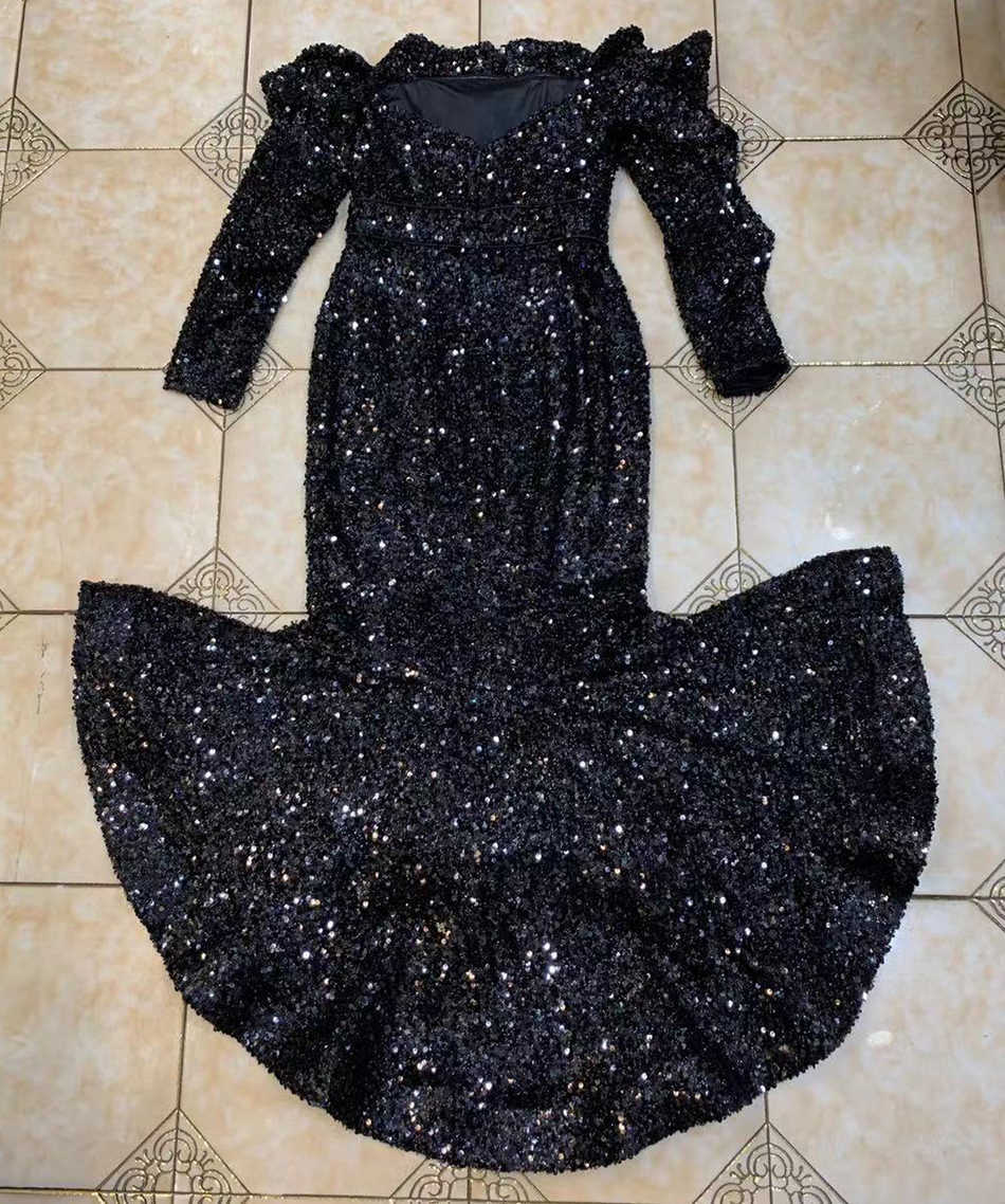 Mermaid Long Sexy Strapless Sleeve Black Sequined Arabian Style Dubai Women Formal Celebrity Party Dress 210527