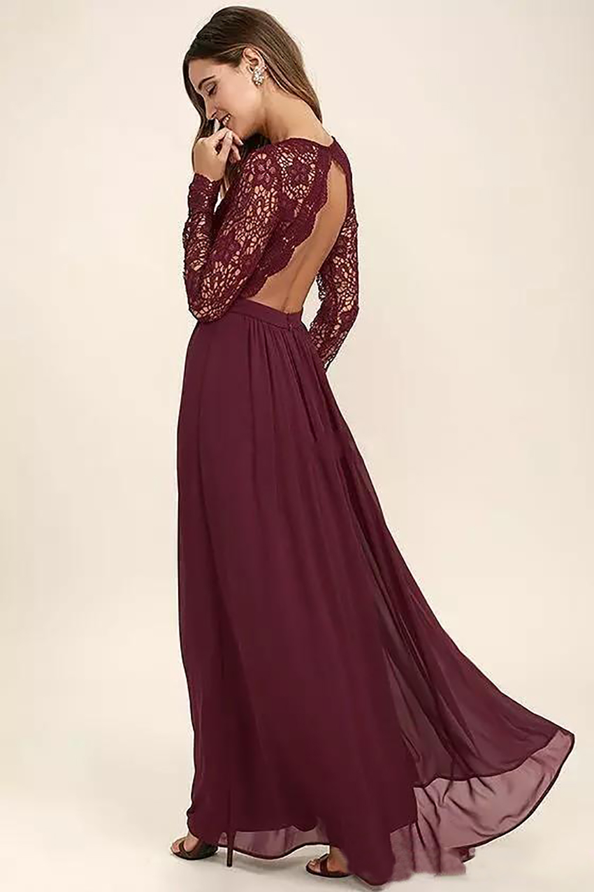 2021 Western Country Style Maroon Chiffon Bridesmaid Dresses Burgundy Lace Long Sleeves V-Neck Backless Beach Wedding Party Dresses Cheap