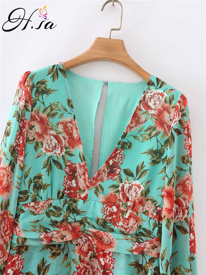 Hsa Women Floral Print Boho Party Dress Sexy V Neck Long Sleeve Spring Clothes With Waist Tie Elegant Day Dress 210716