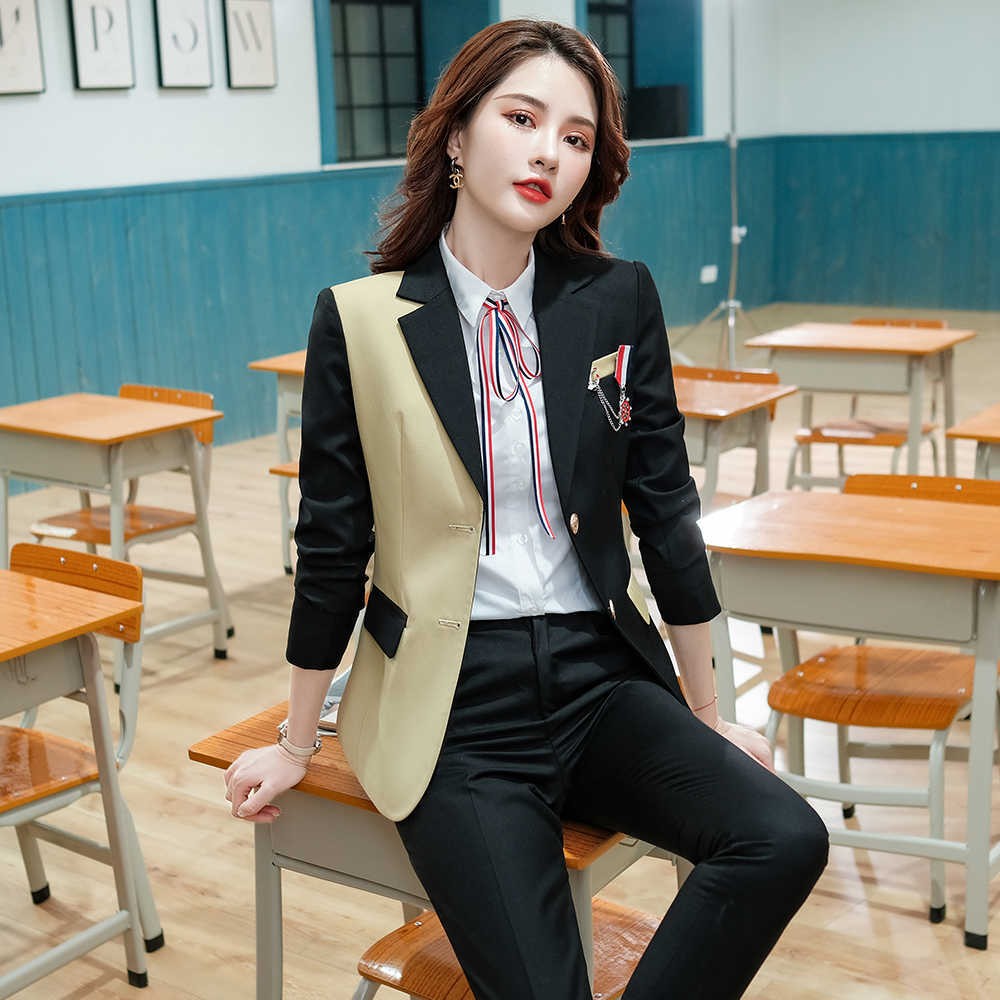Latest Korean Women Pant Suit College Style Jacket Blazer And Trousers 2 Piece Set For Teacher Work Wear 210930
