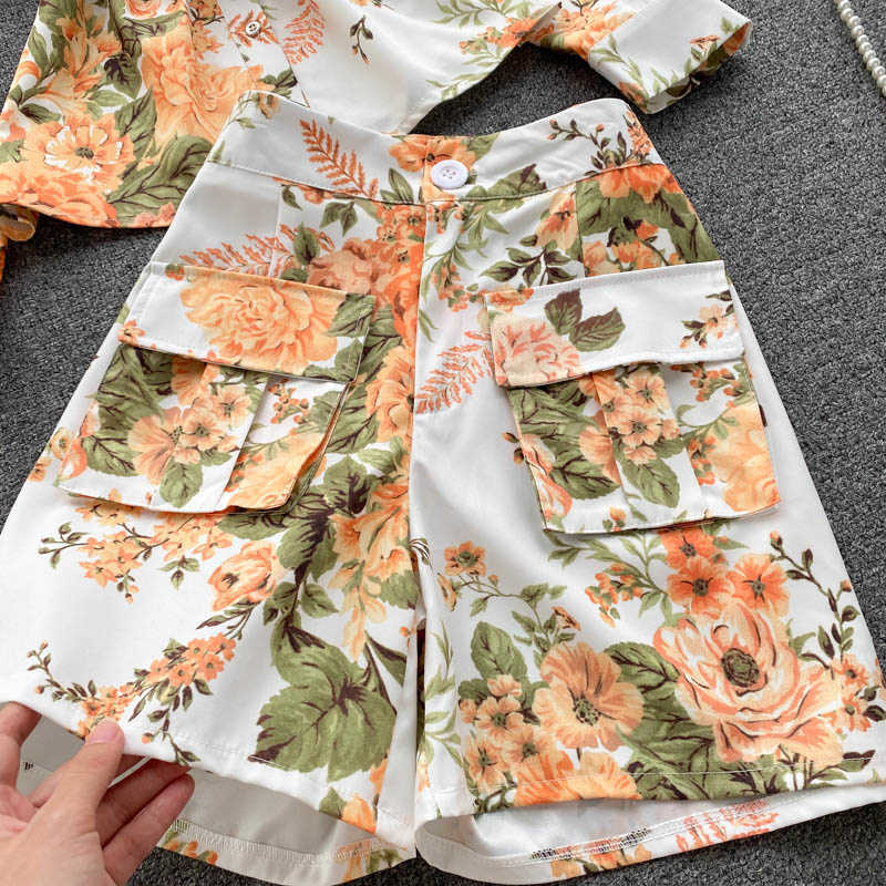 DEAT Women Lapel Long Sleeve Printing Shirt Shorts Arrivals Two Piece Set Temperament Fashion Spring Summer 11D1561 210709