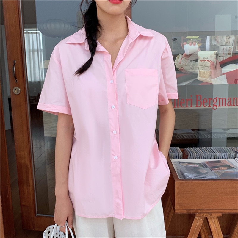 Summer Women Blouses OL Solid Basic Shirt Femme Casual Short Sleeve Fashion Cotton Loose Lapel Work Wear Tops 210421