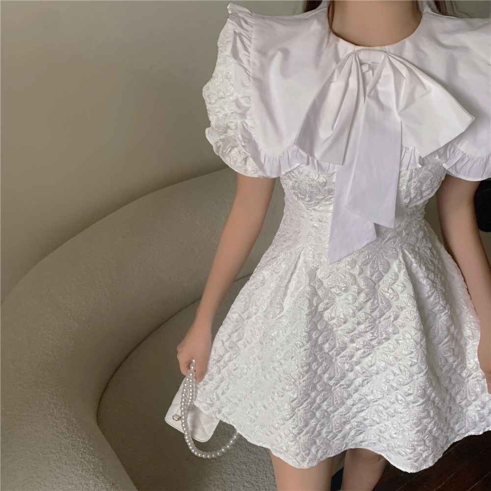 Arrival Summer Sweet Bowknot Big Lapel Jacquard Mini Dress Vintage Slim A-Line Party Dress Vestido 210518