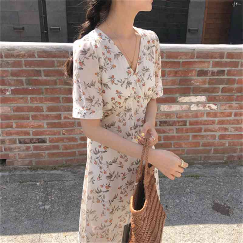 Sexy V neck Girls plus size Summer Boho Party Chiffon Dress print short Sleeve Women Dresses Long Female Robe Vestido 210417Z
