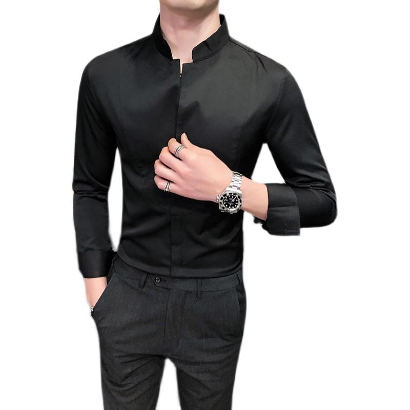 Vintage Stand Collar White Classic Shirts Mens Wedding Dress Retro British Style Fitted Party Mandarin Men's Casual