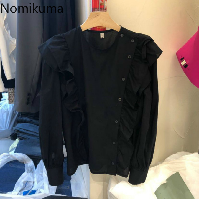 Nomikuma Women Blouse Irregular Single Breasted Korean Ruffle Patchwork Causal Blusas Femme Autumn New Sweet Shirts 6C375 210427