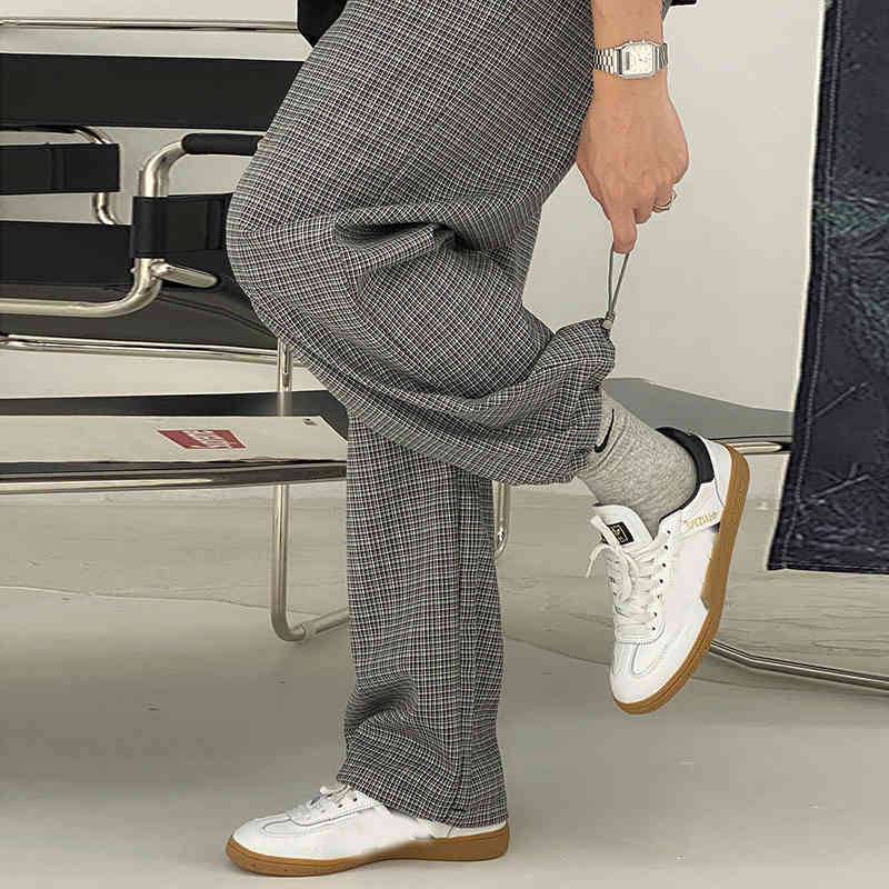 IEFB Korean Plaid High Waist Casual Pants For Men Spring Summer Vintage Wide Leg Causal Trousers Elastic Bottoms 9Y7416 210524