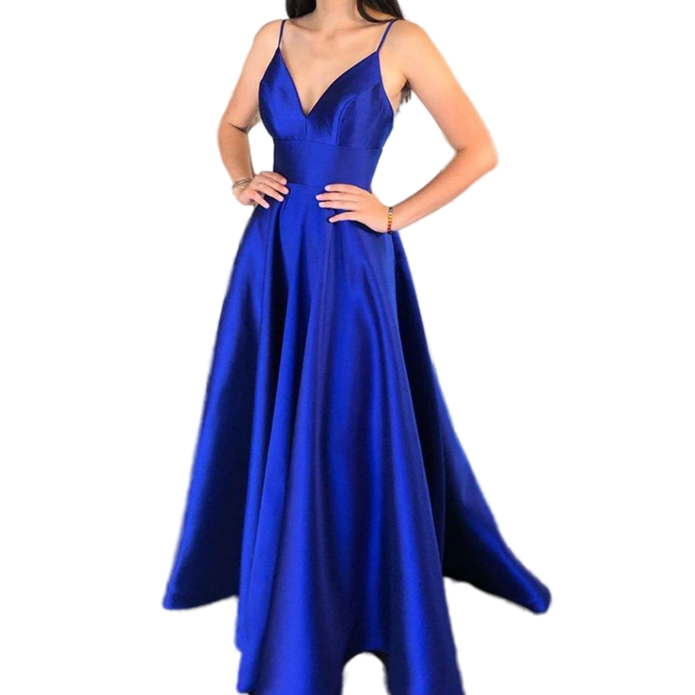 Simple Royal Blue Satin Prom Dresses With Pockets 2022 A Line V-Neck Spaghetti Strap Formal Evening Party Gowns Open Back Women Special Occasion Dress