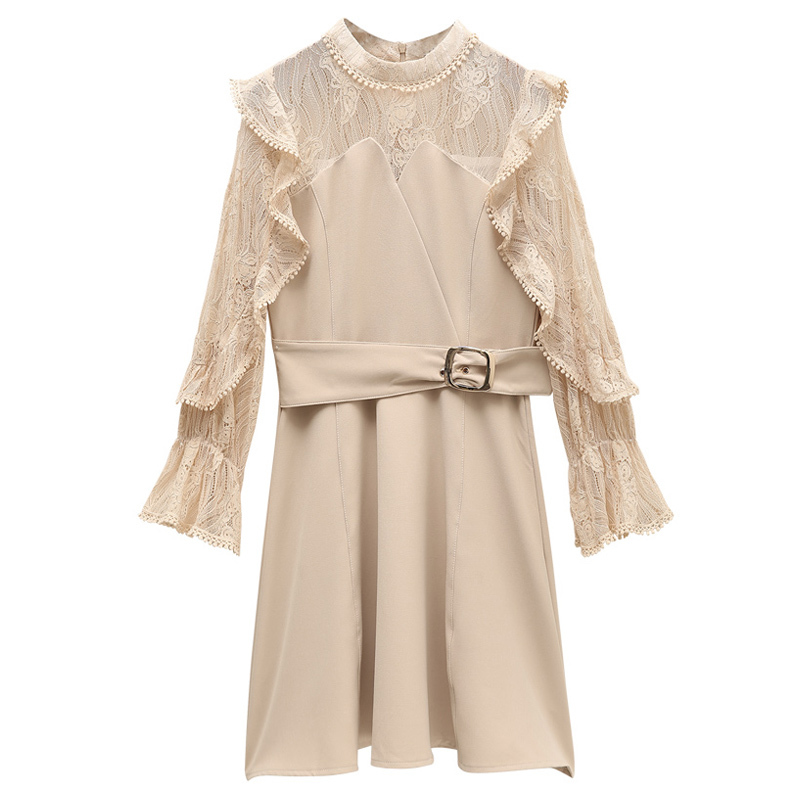 Spring New Dress Women Korean Office Ladies Elegant Ruffles Dress A-line Long Sleeve Lace Sexy Dress Vestidos Female 210409