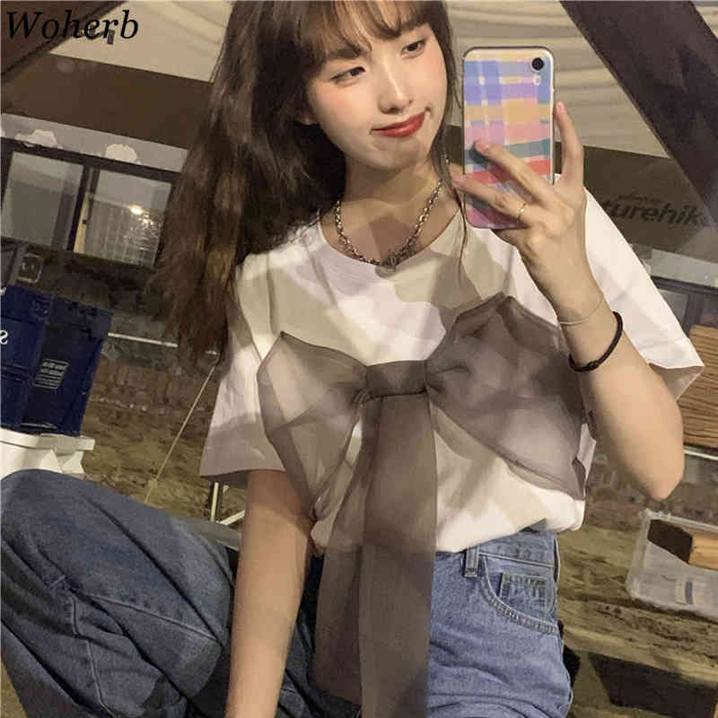 Big Bow Patchwork Women T Shirts Summer Korean Loose Fashion Tees Shirt Streetwear O Neck Short Sleeve Simple Tops 210519