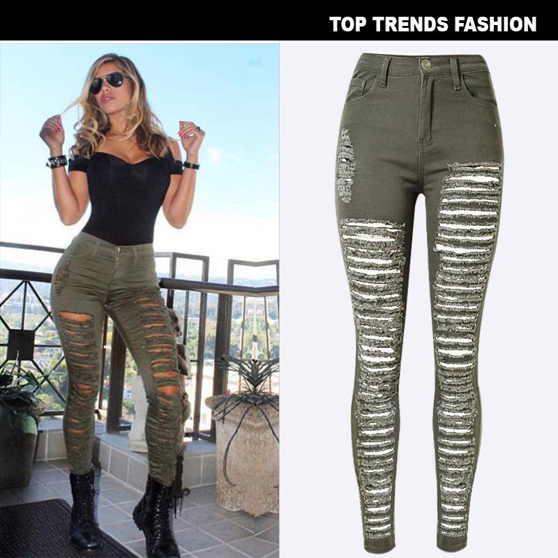 

Women's Pants & Capris Full Bar Tear Apart High Waist Self-cultivation Elastic Force Cowboy Army Green Bound Feet Trousers White Black