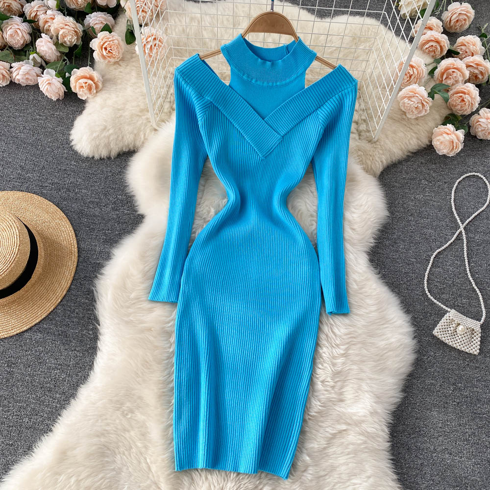 New design womens o-neck candy color off shoulder sexy bodycon tunic knitted knee length dress
