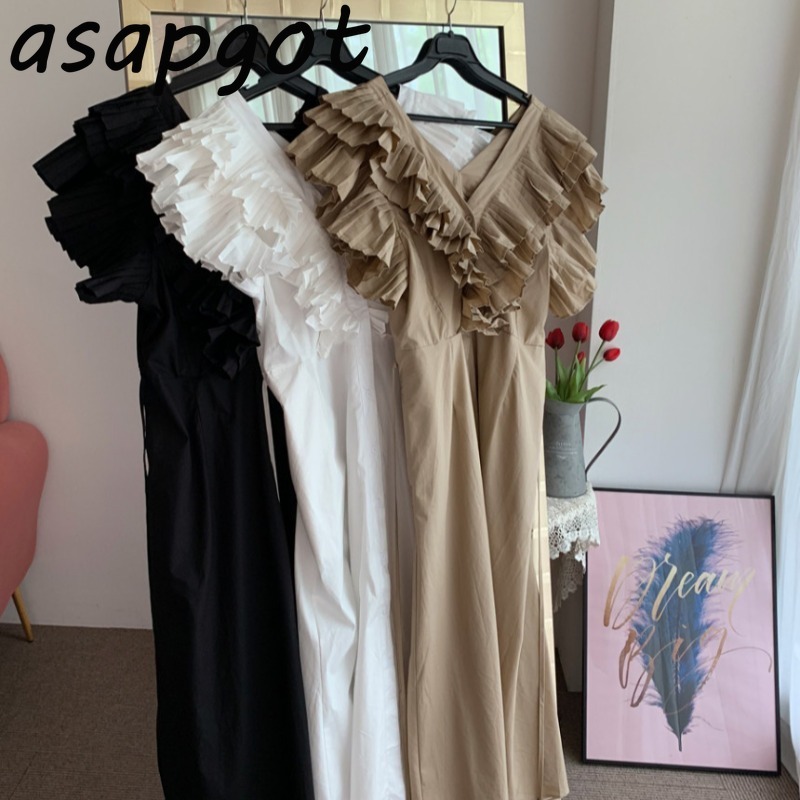 Chic Korean Elegant Sexy White V Neck Ruffles Sleeveless Big Swing Dress Single-breasted Heavy Pleated Lace-up Waist Casual 210429