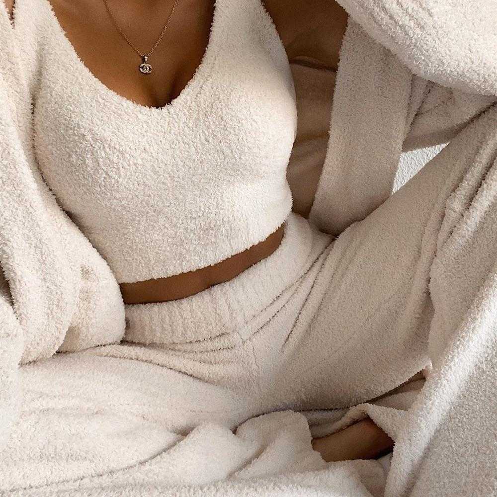 BOOFEENAA Cozy Plush Sweater Two Piece Set Crop Top and Pants Suit Casual 2 Piece Outfits for Women 2020 Lounge Wear C97-FD46 Y0625