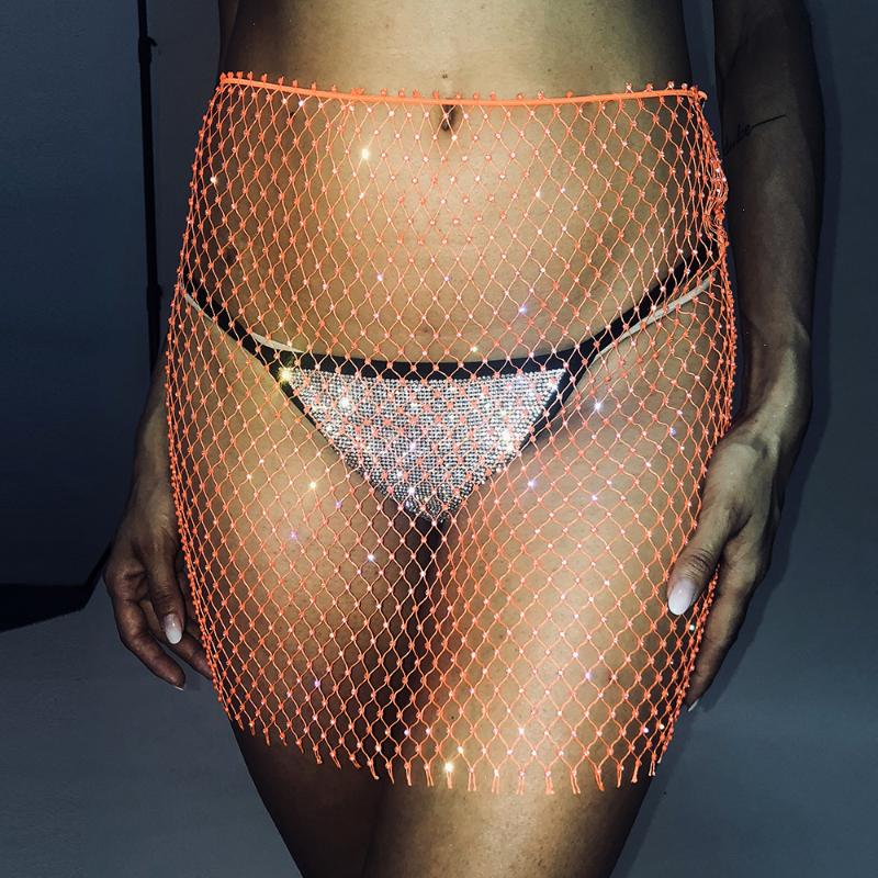 

Women's Swimwear 2021 Sexy Women Bikinis Cover Ups Fishnet Net Hollow Shiny Silk Perspective Bodycon Skirt Beach Wear Swimsuits Bathing Suit, Gold