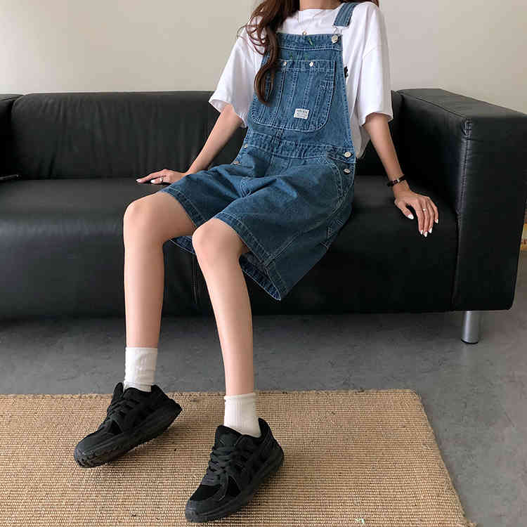 SML Summer korean preppy style Jumpsuit Denim Overalls Casual Girls blue Jeans Shorts womens (78500) 210423