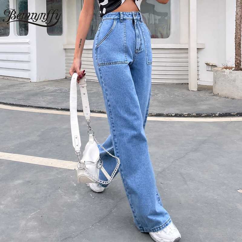 Button Fly Solid Wide Leg Jeans Women Spring Summer Big Pocket Denim Pants Casual Street Ladies High Waist 210510