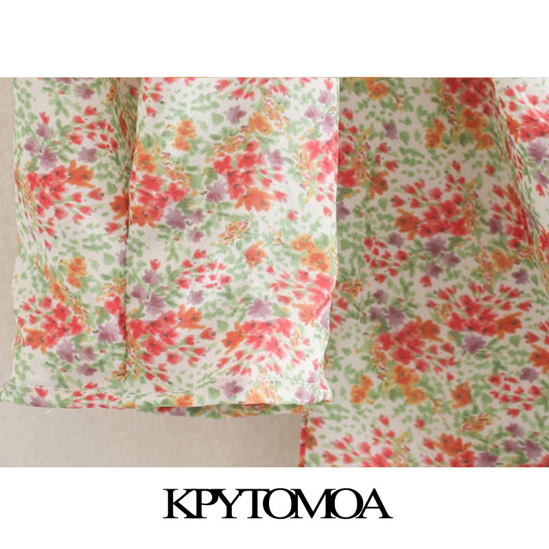 Women Chic Fashion Floral Print Pleated Midi Dress Puff Sleeve Back Zipper Female Dresses Vestidos Mujer 210420