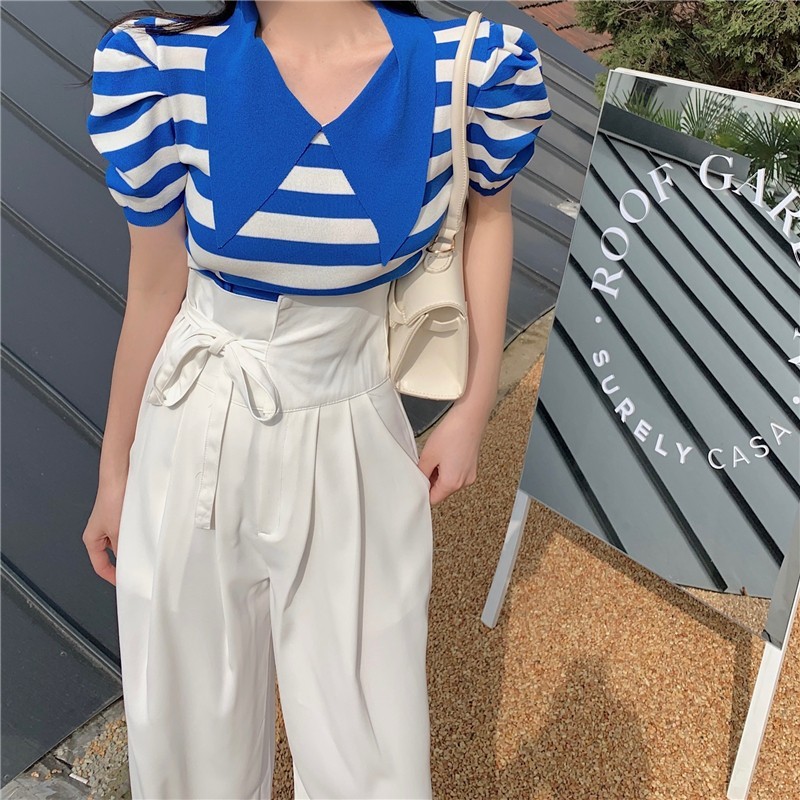 High Quality Summer 2 Piece Set Elegant Stripe Peter Pan Collar Puff Sleeve T-Shirt And Waist Wide leg pants Suit Female 210519