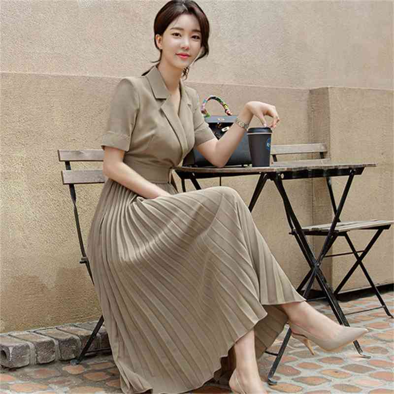 Summer Korea Office Ladies Short sleeve Notched Blazer Dress Women Elegant Slim Waist Sashes Pleated Midi 210519
