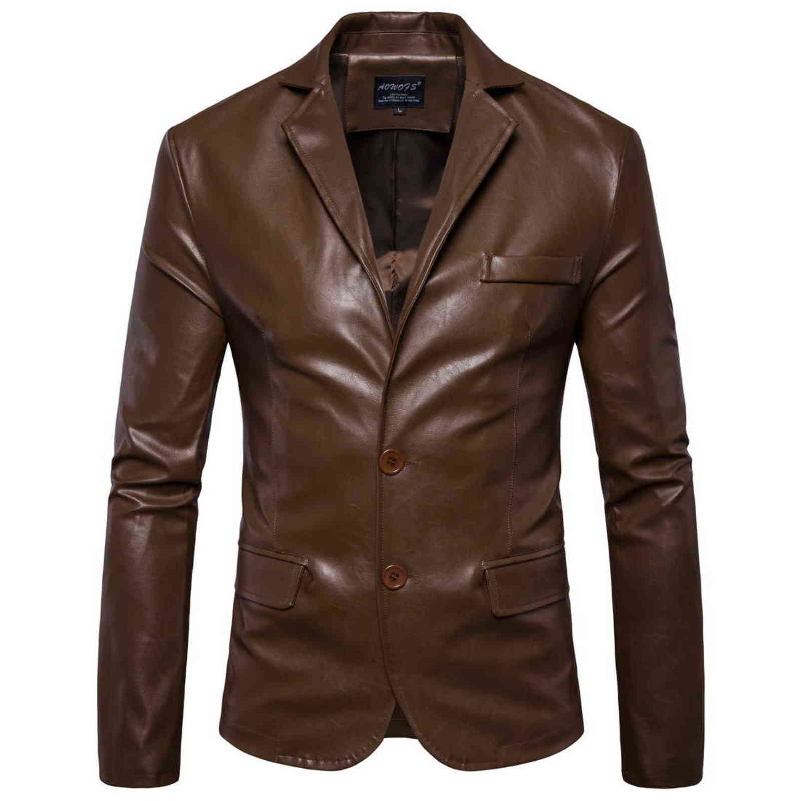 Mens Leather Jackets 2 Button Formal Dress Suits Fashion Man Blazers Black Brown Solid Motorcycle Coat Suede Jacket Male 211111