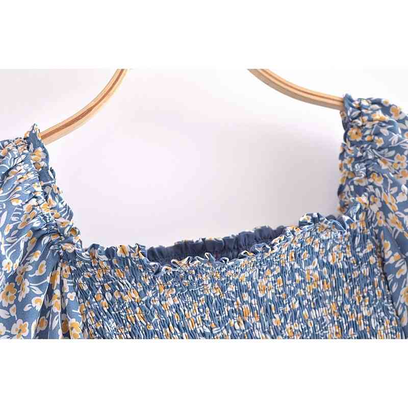 Vintage Blue Floral Print Crop Shirt Women Sexy Square Neck Elastic Ruched Body Slim Fit Blouse French Summer Elegant Tops 210429