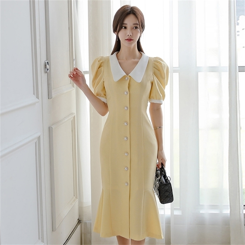 Pearl Buttons Yellow Dress Women Summer Fashion Mermaid Elegant V Neck Short Puff Sleeve Ruffle Casual Party 210603
Pearl Buttons Yellow Dress Women Summer Fashion Mermaid Elegant V Neck Short Puff Sleeve Ruffle Casual Party 210603