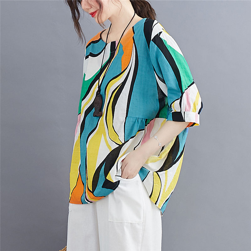 Summer Arts Style Women Short Sleeve O-neck Loose T-shirt Vintage Print Cotton Linen Tee Shirt Femme Casual Tops M06 210512