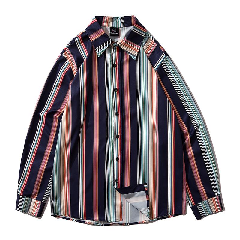 Autumn Men's Retro Striped Printed Shirt Casual Long-sleeved Hip-hop Loose Street Shirts