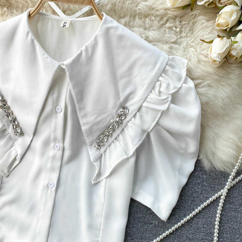 Puff Sleeve Women Blouses Korean Peter Pan Collar Shirts Summer Slim Short Top Blusas Feminimo Camisas Mujer 6H507 210603