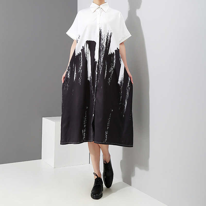 Painting Style Woman Summer Long Sleeve Black And White Printed Shirt Dress Tie Dye Plus Size Midi Casual Robe Femme 3400 210623