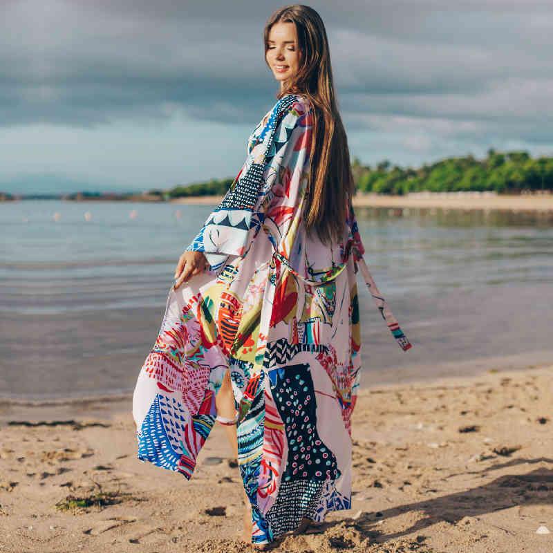 Bohemian Printed Cover-ups Bikini Wrap Bath Dress Pink Cotton Tunic Women Plus Size Beach Wear Swim Suit Cover Up Robe Q862 210420