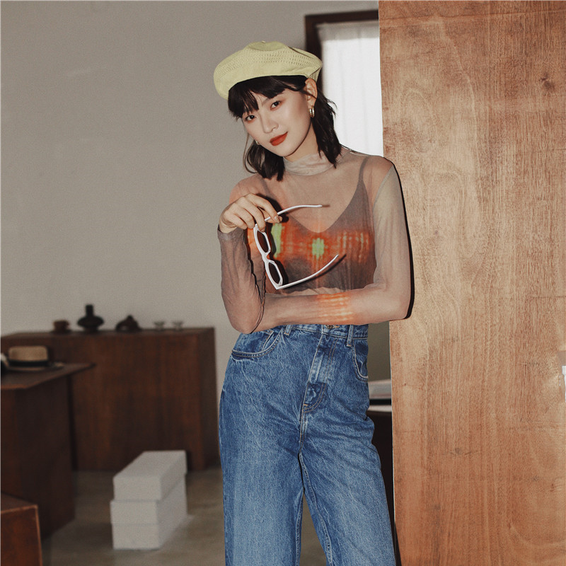 CHEERART Turtleneck Mesh Top Long Sleeve T Shirt Women Transparent Top Neon Print Basic Tshirt Summer Fashion 220516