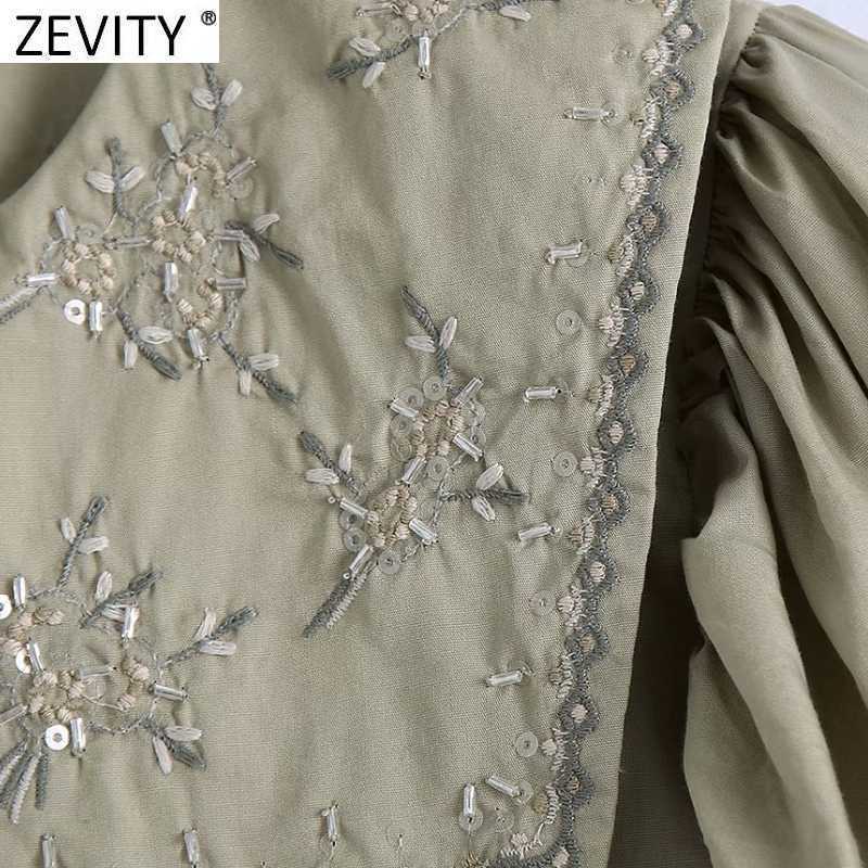 Zevity Women Vintage Turn Down Collar Floral Embroidery Smock Blouse Female Pleat Puff Sleeve Shirt Chic Blusas Tops LS9362 210603