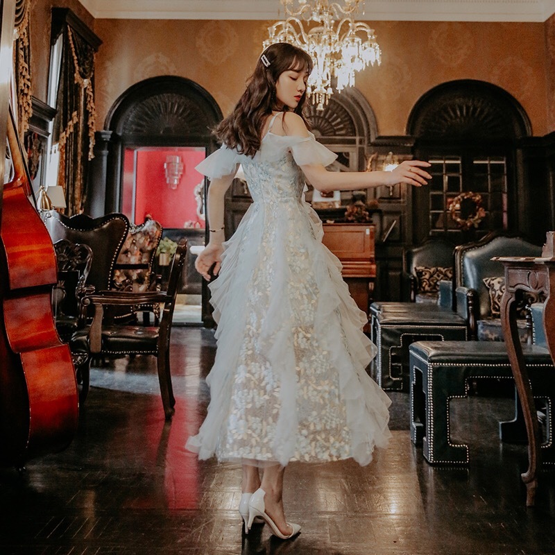 high quality embroidery spaghetti strap elegant vestidos sleeveless ruffles party evening Long dresses lady midi dress 210421