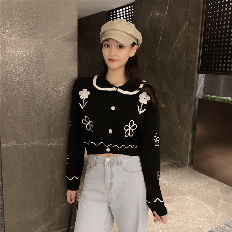 Nomikuma Autumn New Short Knitted Cardigan Jacket Korean Floral Long Sleeve Turn Down Collar Women Sweater Coat 6B999 210427