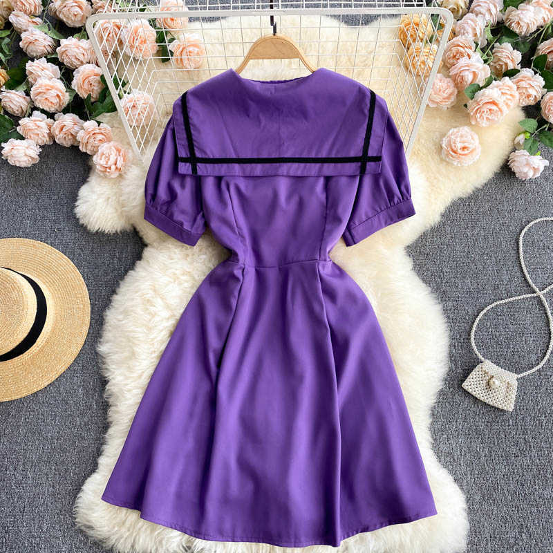 DEAT Women Purple Bow Dress Peter Pan Collar Puff Sleeve Arrivals Lady Temperament Fashion Spring Summer 11D580 210709
