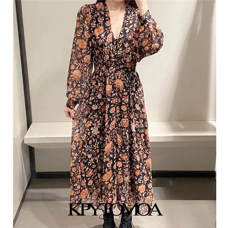 Women Chic Fashion Floral Print Pleated Midi Dress Puff Sleeve With Lining Female Dresses Vestidos Mujer 210420