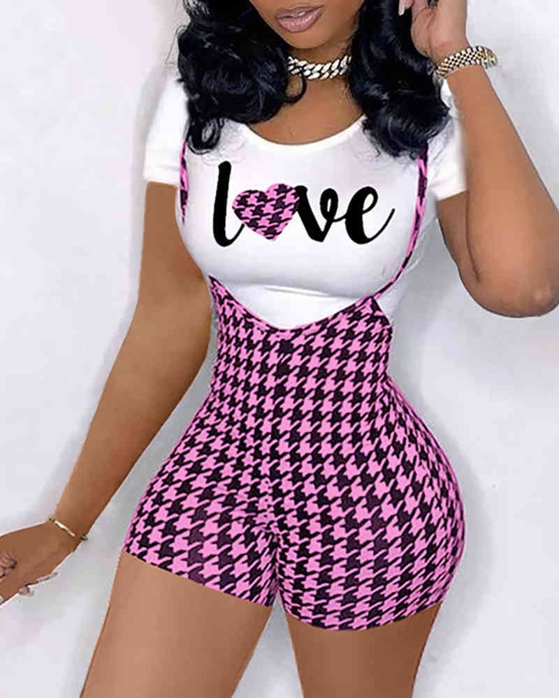 Spring Summer Women Plus Size Tee & Suspender Shorts Set New Female Letter Print Top & Classic Houndstooth Bottoms Set 210415