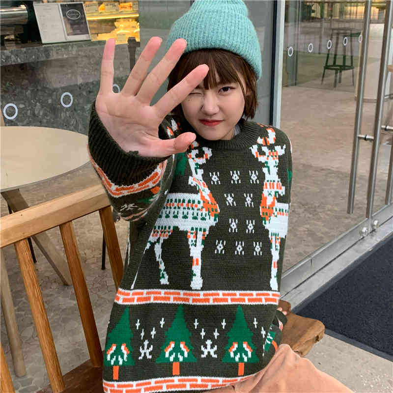 3colors autumn winter korean style loose Christmas Sweaters thick warm Knitted Sweater and pullover womens (C8187) 210423