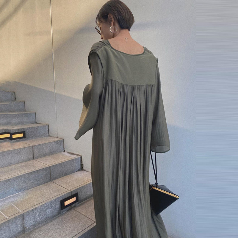 Women Long Sleeve Spring Summer V Neck Casual A-Line High Waist Pleated Maxi Dresses Office Ladies 210427