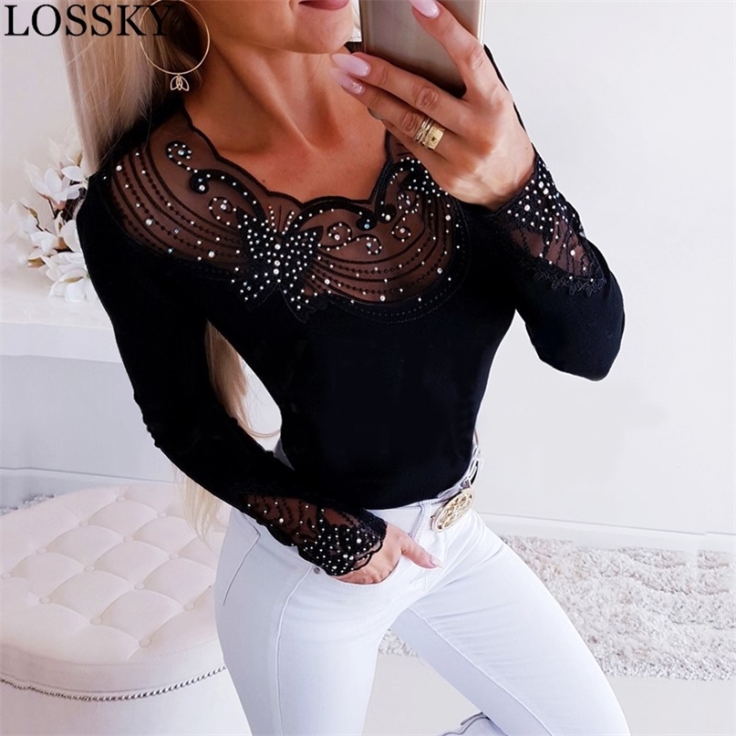 Autumn Winter Mesh Lace Beading Patchwork Sexy Bodycon Women's T-shirt Slim Long Sleeve Black Tshirt Female Shirt Blusas 210507