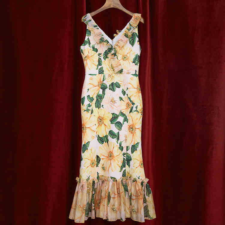 summer dress for women boho rose flower printed yellow floral sleeveless ruchend mermaid midi dresses chic england style 210421