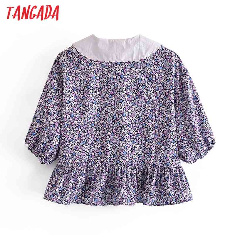 Women Retro Flowers Print Oversize Collar Sleeve Chic Female Short Blouse Shirt Tops 3A62 210416
