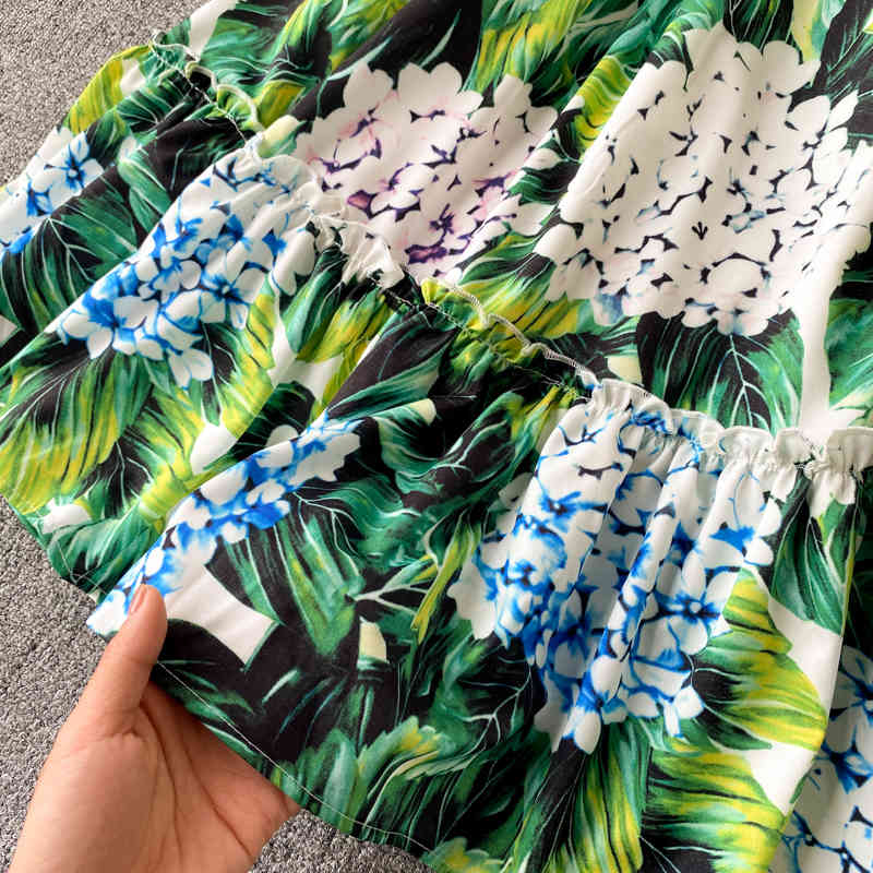 est Floral Print Knee-length Vacation Dress Sexy Off shoulder Puff sleeve Elastic waist A-line Hydrangea Green 210525