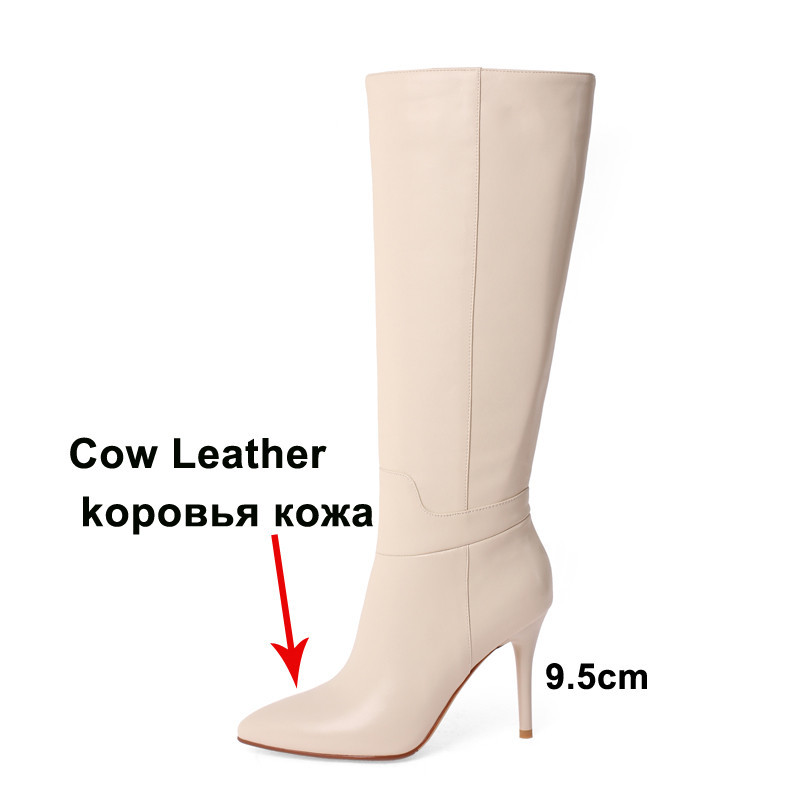 Genuine Leather Super High Heel Knee Boots Women Shoes Pointed Toe Stiletto Heels Zip Fashion Long Beige 43 210517