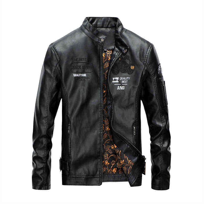 Men's Winter Casual Embroidery Faux Leather Coats Jackets Men Autumn Motorcycle PU Fleece Windproof Jacket Biker For Male 211119