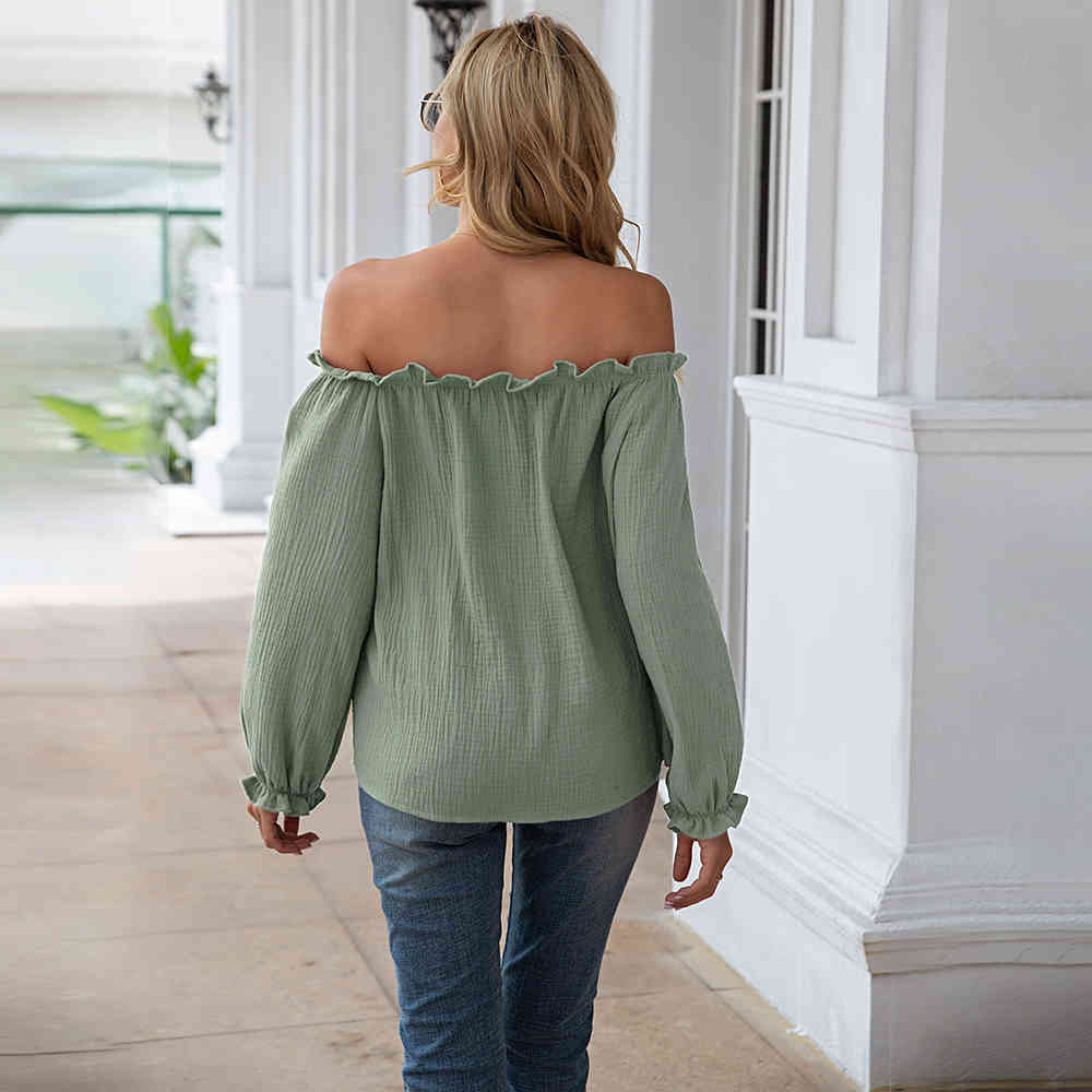 Tops And Blouses Women Casual Loose Solid Green Ruffle Off Shoulder Cotton And Linen Ladies Shirts Fashion Spring Autumn 210415
